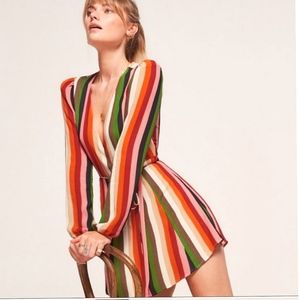 Reformation long Balloon sleeves Polk Wrap Dress in Rainbow Stripe size large